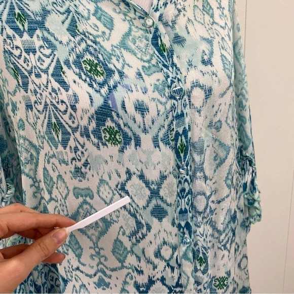 Miss June Paris Blue Green White Ikat Print Long Sleeve Embroidered Ruffle Dress - Picture 7 of 16